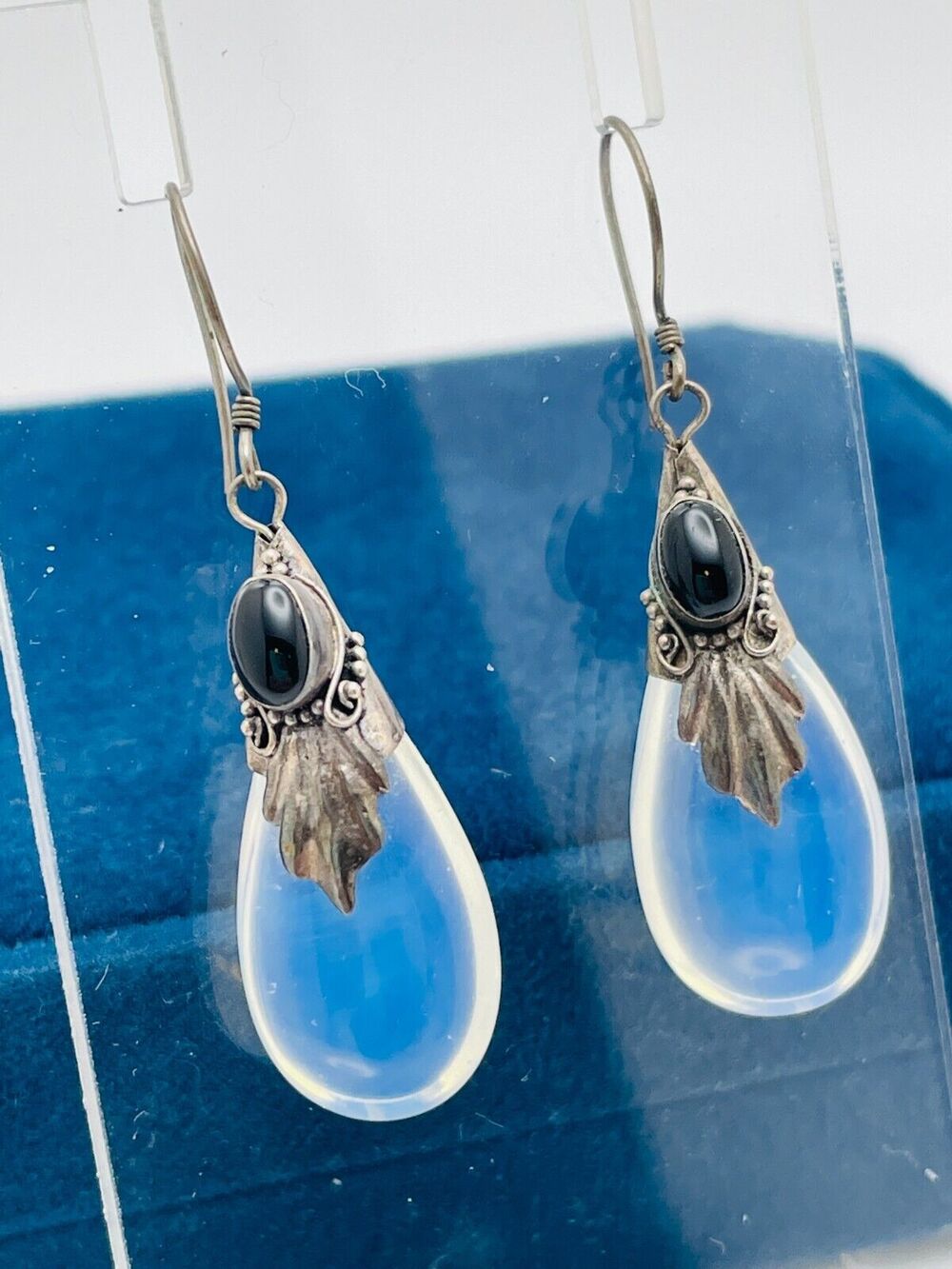 Sterling Silver Drop Earrings Opalite and Black Cabochon 925 French Wire Pierced